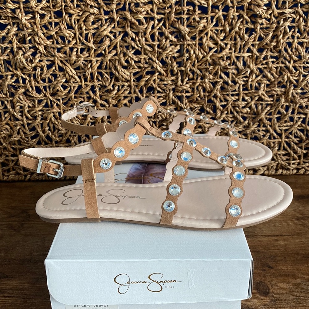 NEW JESSICA SIMPSON SANDALS DANA SCALLOP BROWN SIZE 5 big girls FLATS women 6.5